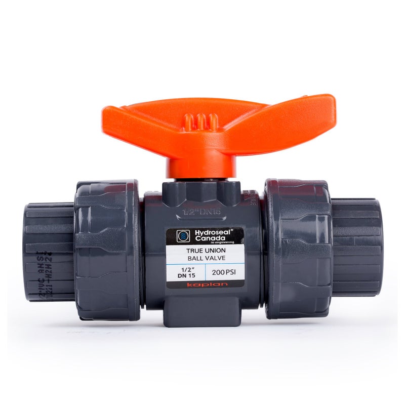 HYDROSEAL Kaplan 1/2" PVC True Union Ball Valve with Full Port, ASTM F1970, EPDM O-Rings and Reversible PTFE Seats, Rated at 200 PSI @73F, Gray, 1/2 inch Socket (1/2") - Image 1